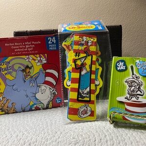 Three Dr. Seuss Items: Bookmarks, Silver, Plated, Ornament(valuable), And Puzzle